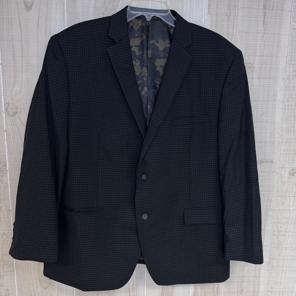 TALLIA Mens Sport Coat Wool Blazer NavyGray Small Check‎ Camo Print Lining 46S